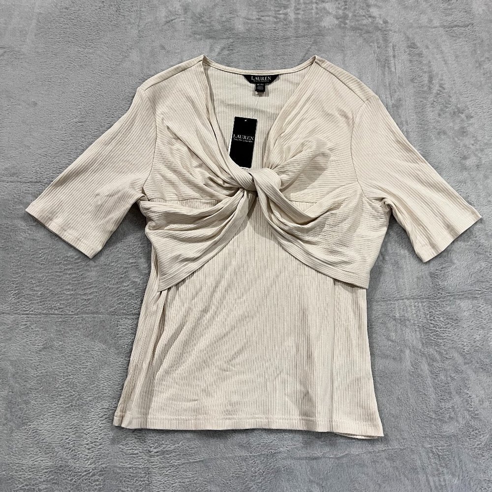 Lauren Ralph Lauren WomensTwist Front Rib Knit Top V-Neck Cream XL NWT Blouse